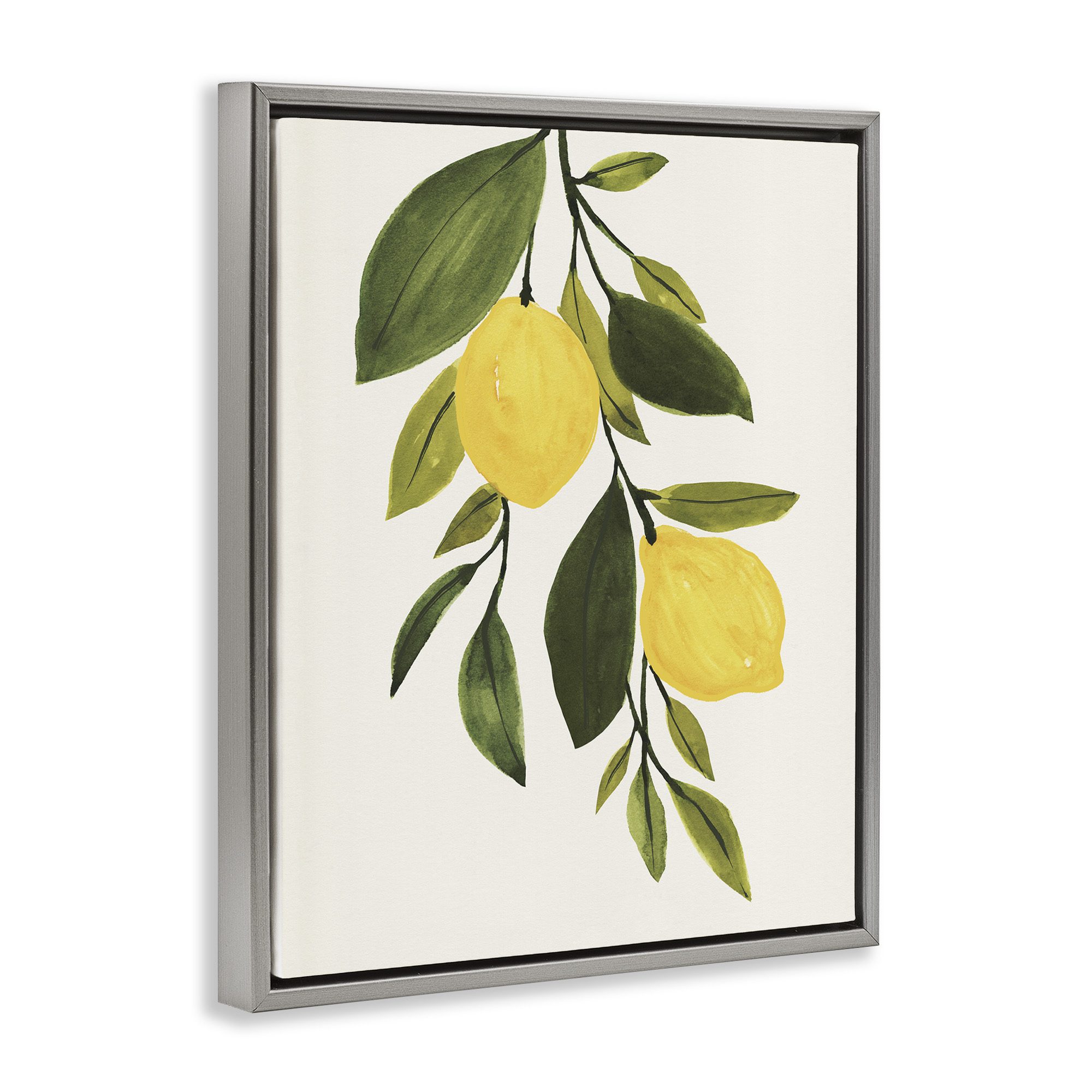 Stupell Industries Simple Yellow Country Lemon Leaf Botanical & Floral Painting Gray Floater Framed Canvas Art Print Wall Art, 25 x 31