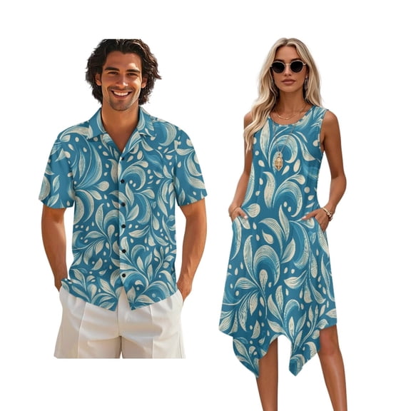 Xixirimido Abstract Leaves Blue Print Matching Couple Outfits Men’s Button-down Hawaiian Shirt Women Sleeveless Midi Dress with Pocket Couples Matched Summer Outfits for Beach Vacation, Size 2XL