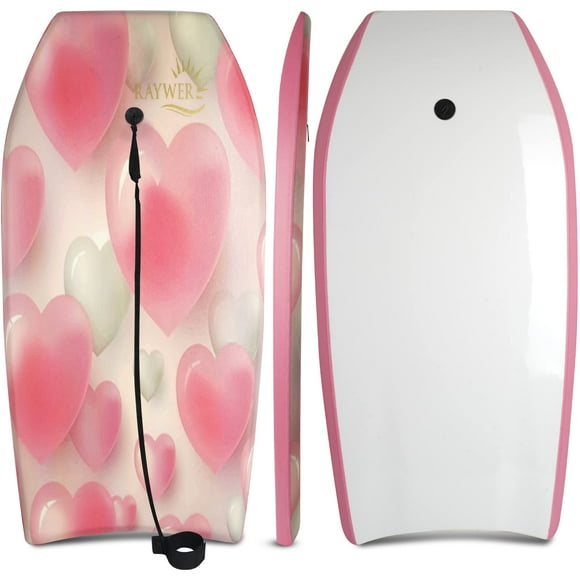 RAYWER Body Board Lightweight with EPS Core, HDPE Slick Bottom , Leash & Adjustable Wrist Rope, Great Surfing for Kids and Adults (Pink Hearts, 33-INCH)