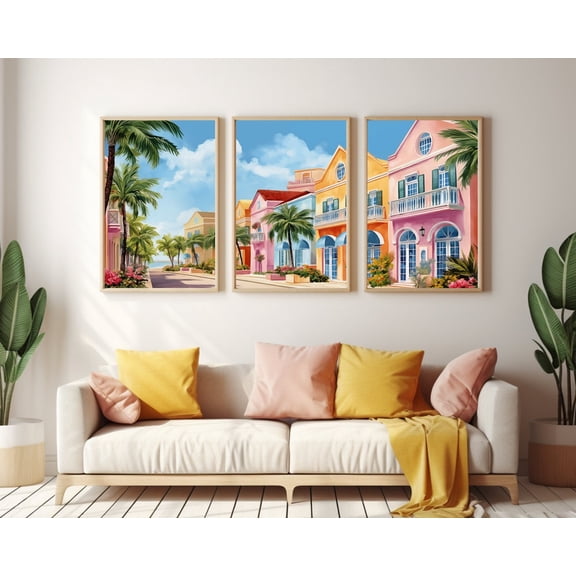 UNFFRAMED Oranjestad Aruba Poster Set Of 3, Caribbean Colorful Houses Wall Art, Tropical Island Decor, Dutch Architecture Poster, Coastal Set 3 Prints 8x12