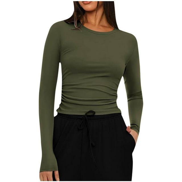 Timegard Hauts de Sortie pour Femmes Automne Décontracté Skinny Col Rond Froncé Manches Longues Blouse Confortable