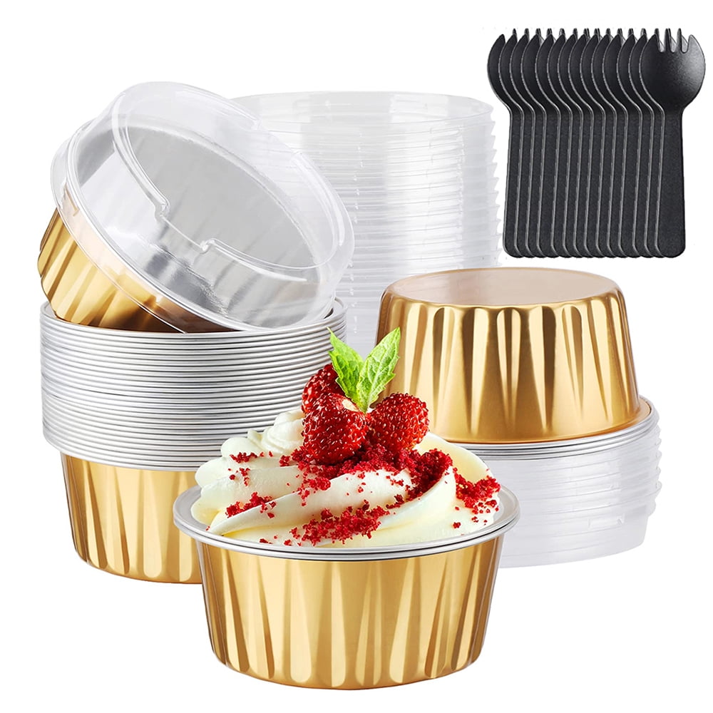 Lotfancy 50Pack Aluminum Foil Baking Cups with Lids and Spoons, 5oz Cupcake Liner, Pink, Size: 5oz/125ml