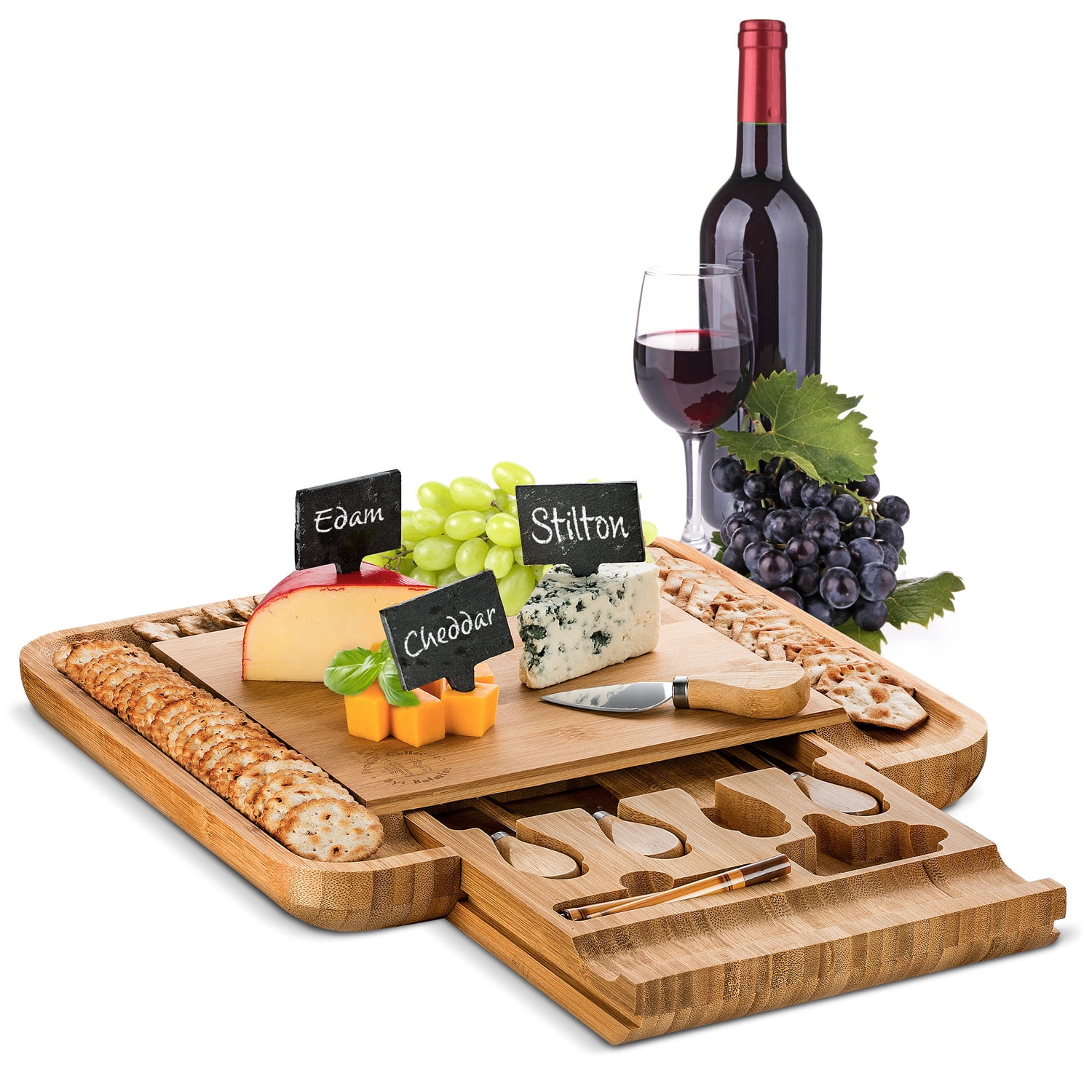 Bambusi Bamboo Cheese Board with Cutlery Set Includes 4 Stainless Steel Serving Utensils 3 Labels & 2 Chalk Markers