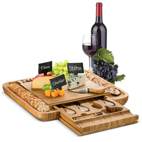 Bambusi Bamboo Cheese Board with Cutlery Set, Includes 4 Stainless Steel Serving Utensils, 3 Labels & 2 Chalk Markers