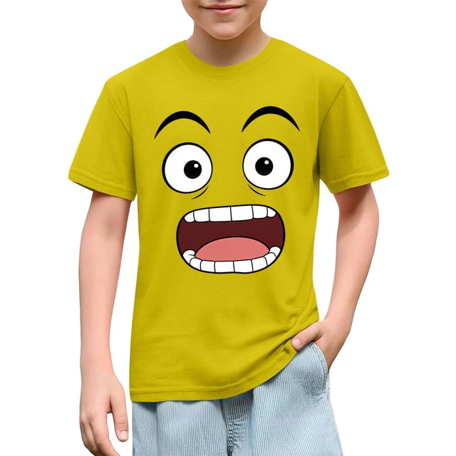 Blusas y camisas de manga corta con cuello redondo para niños y niñas, color liso, con estampado de expresión linda, manga corta, holgadas y cómodas, blusa para niña