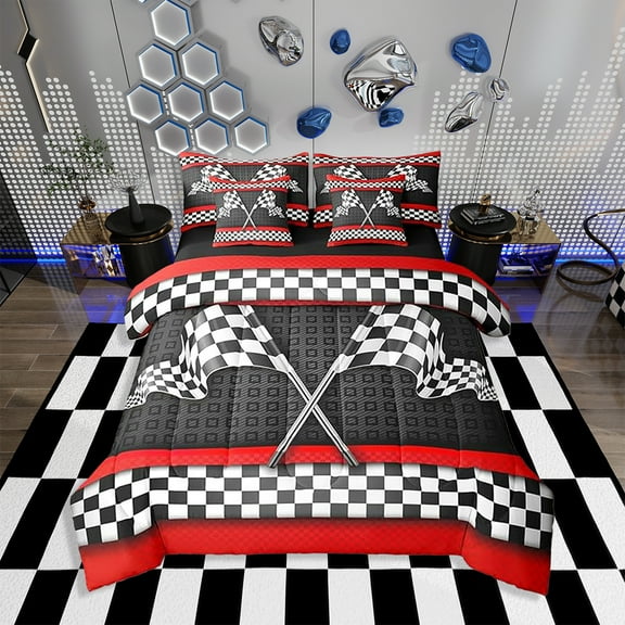 Erosebridal Race Car Theme Reversible Comforter Set 7 Piece Twin Size,Black White Checkered Flag Print Bed Sheet Set Red Stripes Geometric Grid Plaid Bedding Set with Comforter,Fitted & Flat Sheet