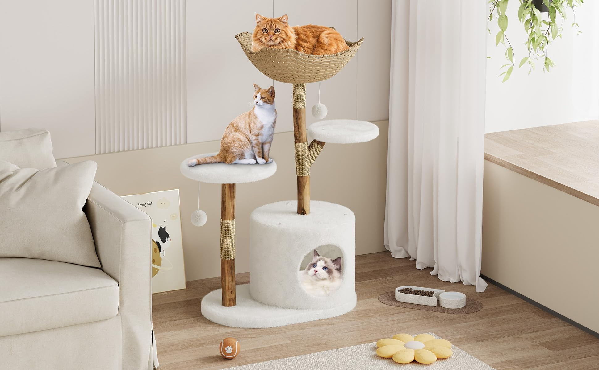 Yeshouse Boho Aesthetic Real Wood Cat Tree, Indoor Cat Tower with Scratching Post, Bed & Wicker Condo for Cats