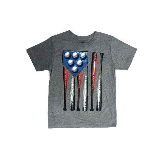 Boys Gray Bat & Ball Flag Patriotic Athletic Baseball Short Sleeve T-Shirt Large