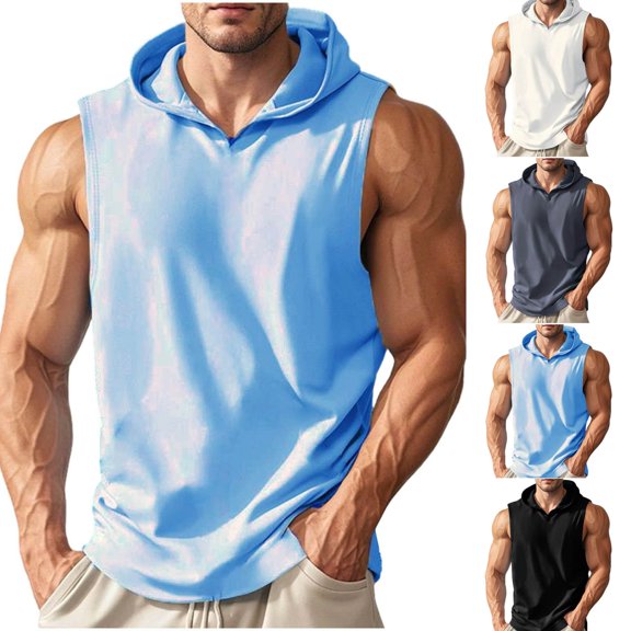 Men's Workout Hooded Tank Tops Gym Sleeveless Hoodies Quick Dry Bodybuilding Muscle Cut off T-Shirt Athletic Vest Light Blue