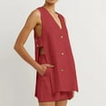 thumbnail image 2 of Women's Oversized Linen Set, Summer Breathable Casual V Neck Button Down Vest + Elastic Waist Shorts, 2 of 5