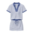 thumbnail image 7 of Ecqkame 2 Piece Sets for Women Casual Striped Print Turndow Collar Short-Sleeved Top Drawstring Short Skirt Vacation Workout Outfits Blue M, 7 of 7