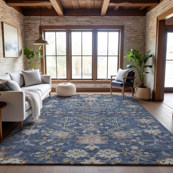 Addison Rugs Mayfield Premium Machine Washable Transitional Floral Blue Rectangle Rug, 10' x 14'