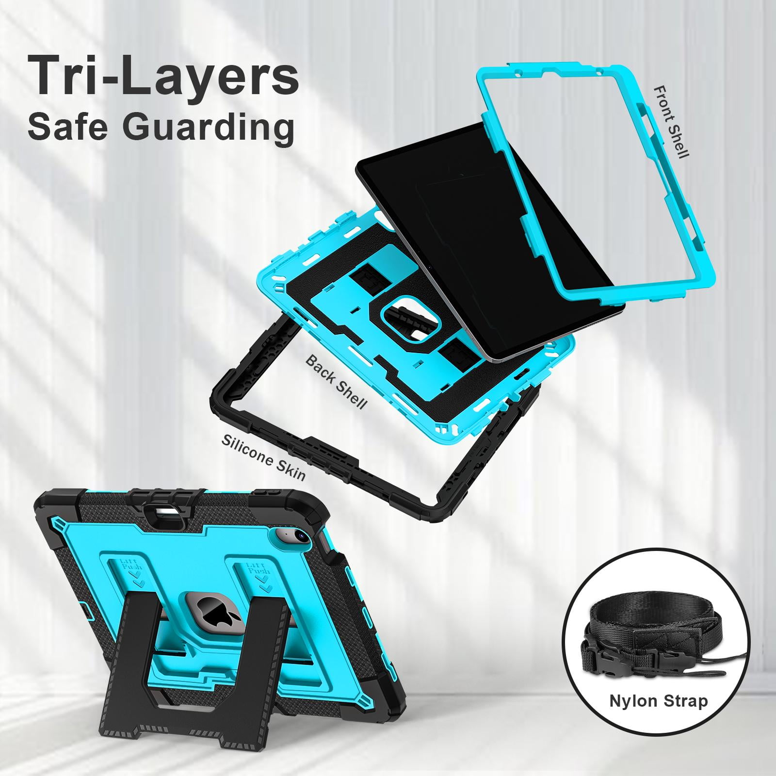ELEHOLD 3-Layer Rugged Case For Apple iPad Air 11‑inch (M4) 2026, Heavy Duty Shockproof Logo Visible Foldable Kickstand Drop Protection Cover with Pencil Holder + Shoulder Strap, Black+Blue