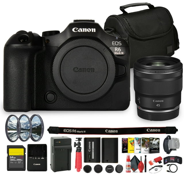 Canon EOS R6 Mark III with Canon 45mm f/1.2 STM Lens RF Mount | 32.5MP Full Frame 7K RAW, Advanced AF II, High-Speed Video (7084C002) + 64GB Card + Filter Kit + More(International Model)