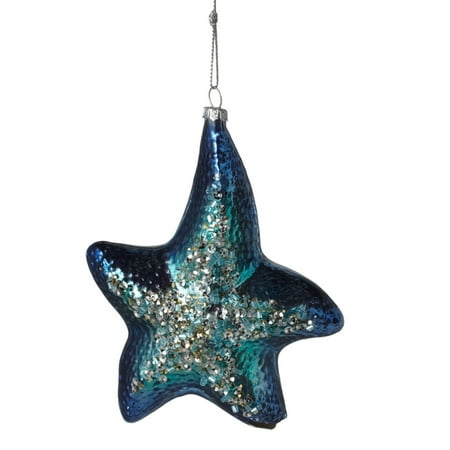 Blue Christmas Holiday Ornaments - Blue Starfish Glass Encrusted Christmas Holiday Ornament 4.75 Inches