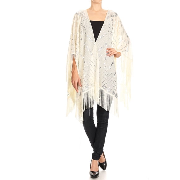 Womens Oversize Hand Beaded Fringed Sequin Evening Shawl Wrap