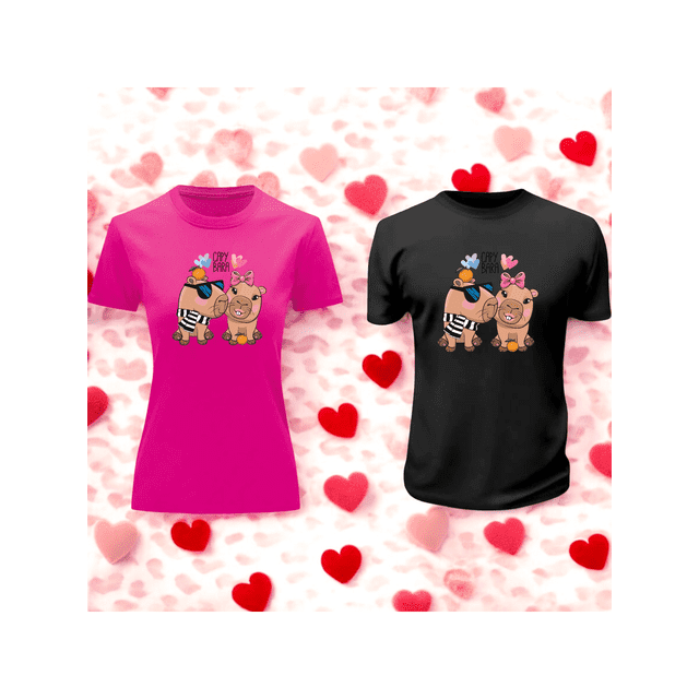 Playera Duo De Pareja De Capybara Fashion 14 De Febrero San Valentin Color Fucsia Talla Chica Marca Emil SaEs