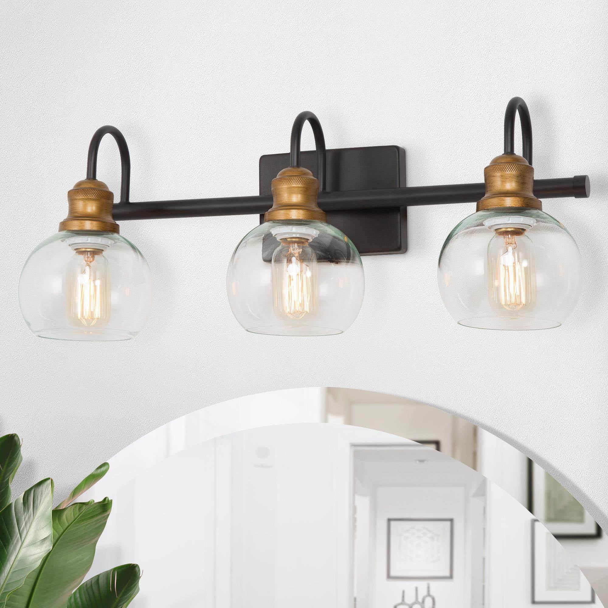 LNC 3-Light Farmhouse Vanity Light in Bronze and Brushed Gold with Globe Glass Shades