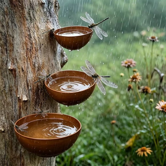 Hanging Bird Feeder Insect Drinking Cup 3 Tier Cascading Water Bowl Set Relaxing Metal Outdoor Bird Bath Artisanal Tiered Water Feature, Yellow, JKODE