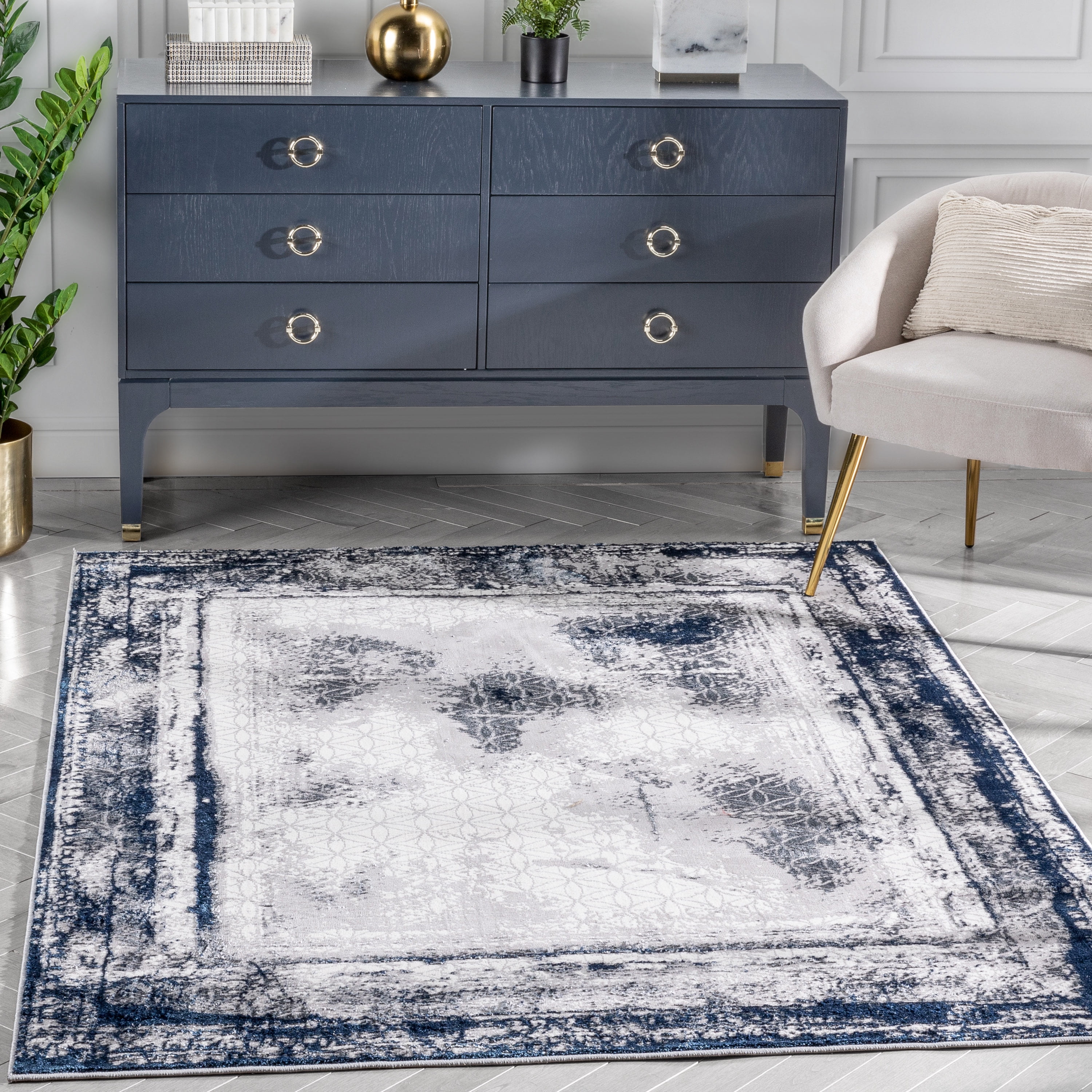 Blue Bordered Rug Well Woven Iselde Blue Vintage Border Lattice Soft Glam Distressed Area ...
