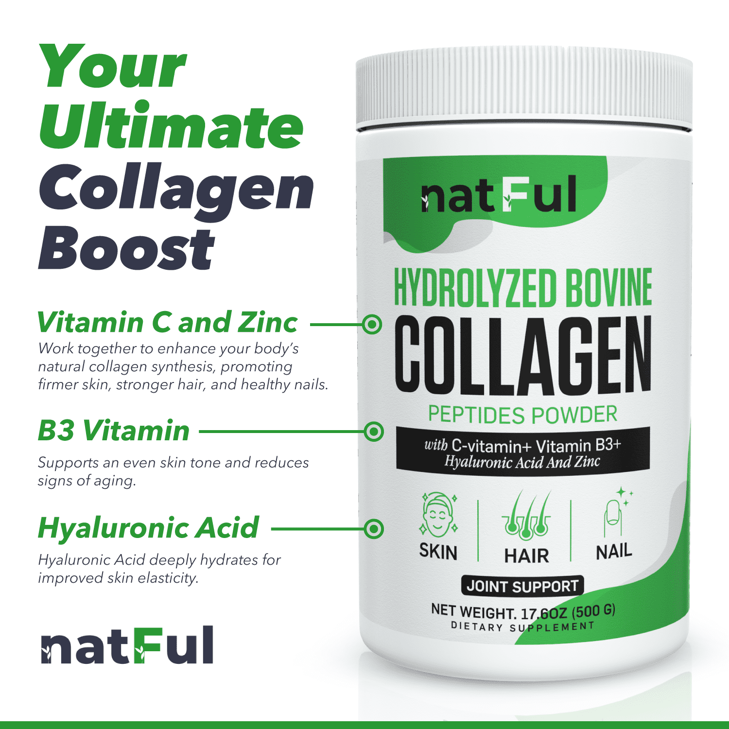Natful Hydrolyzed Bovine Collagen Peptides Powder with Vitamin C, B3, Hyaluronic Acid, and Zinc - 45 Count
