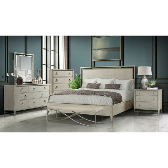 Mantalia Solid Wood Bedroom Set with Metal Frame, Queen Bed, Dresser, Mirror, Nightstand, Chest, and Bench, Champagne