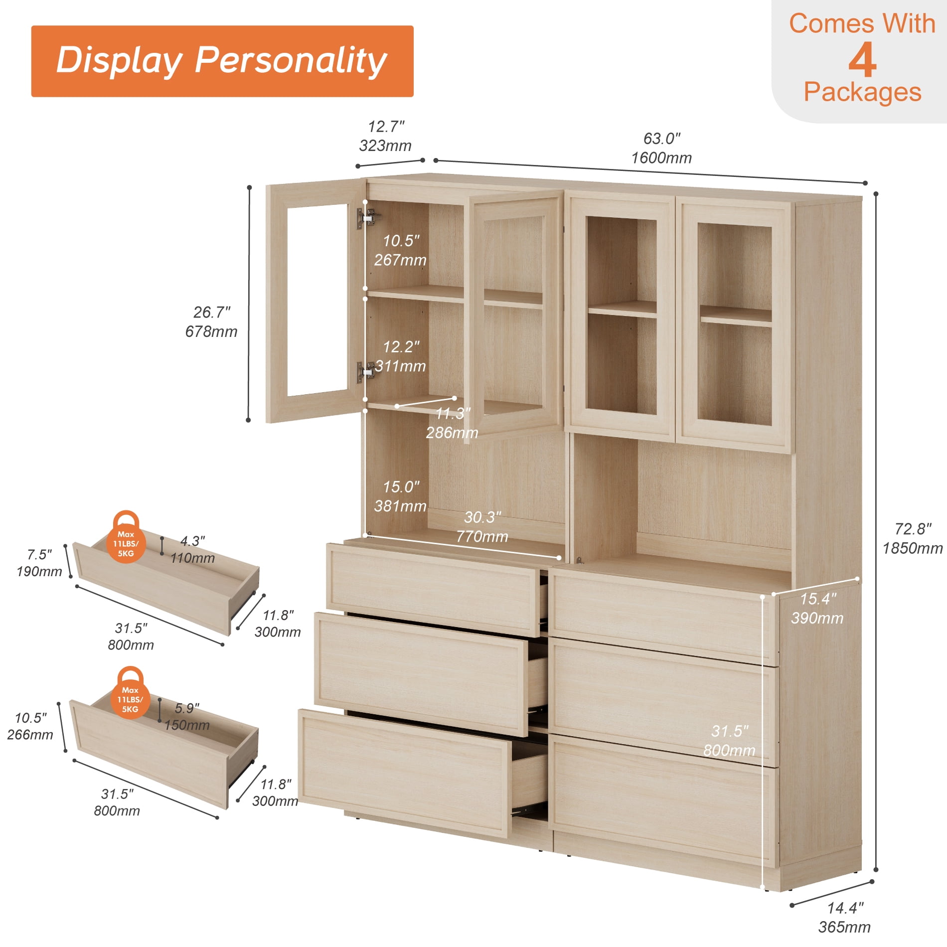 Modern 72" Tall Bookshelf with 6 Drawers and Book Shelves, Library Bookcase with Storage Cabinet and Glass Display Shelves,Beige