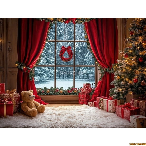 Cozy Christmas Day Sce Fireplace Photography Backdrop Props Winter Living Room New Year Gift Holiday Photo Background RS-11