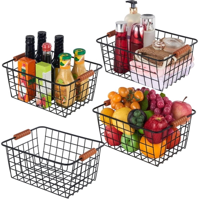 Wire Household Pantry Baskets with Handles 4 Pack,Storage Organizer Baskets for Countertop, Closet, Bedroom, Bathroom, Kitchen, Household Refrigerator for Cabinets, Pantry (4Black)