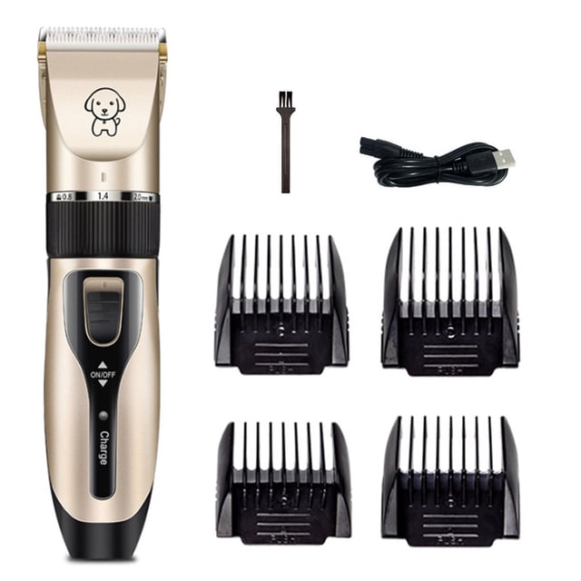 Yeacher Pet Grooming Hair Cutter, a USB rechargeable dog hair trimmer with low noise operation. Features a gold ergonomic trimmer, four black limiting combs for adjustable hair lengths, a cleaning brush, USB cable, and lubricant. Ideal for pet grooming and kids' haircuts.