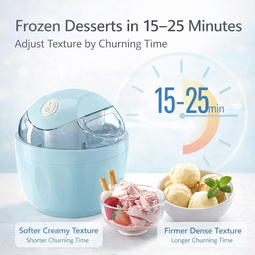 Small Home Mini Ice Cream Maker, 17 Oz Mini Ice Cream Machine with Pre-Frozen Bowl, One-Touch Frozen Yogurt, Gelato and Sorbet Maker, Compact Dessert Maker for Home Kitchen (Blue)