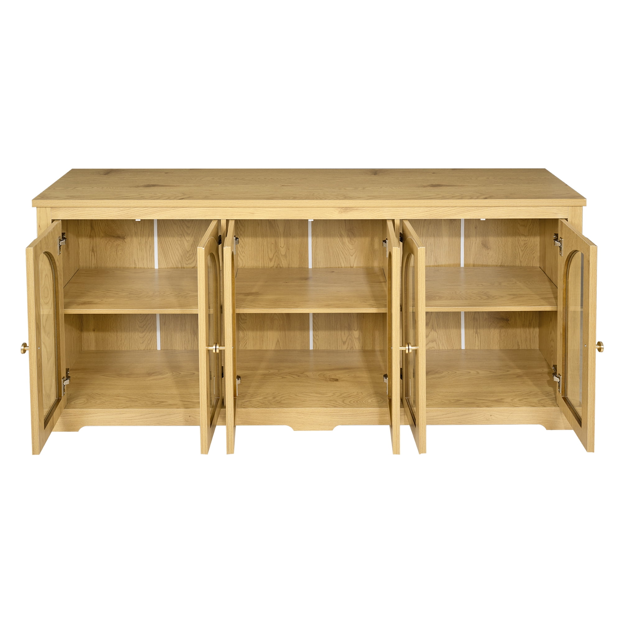 HOQBN 68" Modern Arched Glass Sideboard with 6 Doors, Buffet Cabinet with Storage and Adjustable Shelves, Large Credenza for Living Room,Kitchen,Entryway,Natural