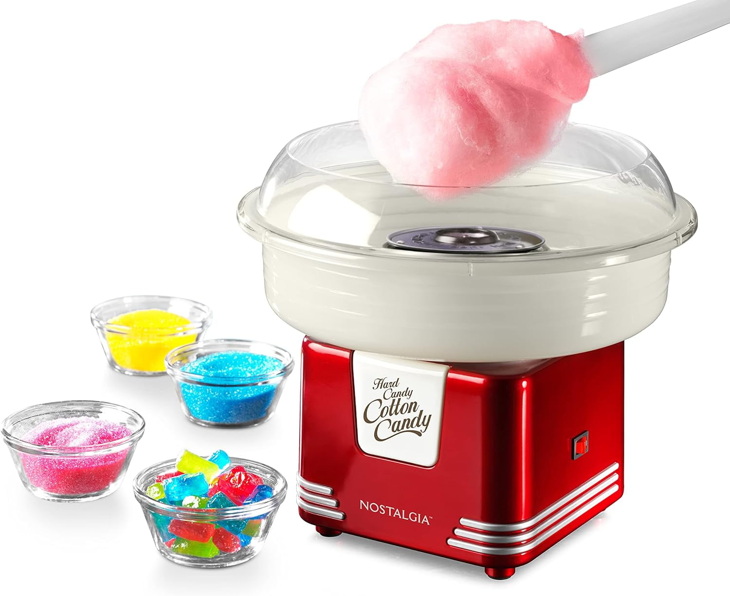 Nostalgia Cotton Candy Machine with 2 Reusable Cones, 1 Sugar Scoop, and 1 Extractor Head, Red