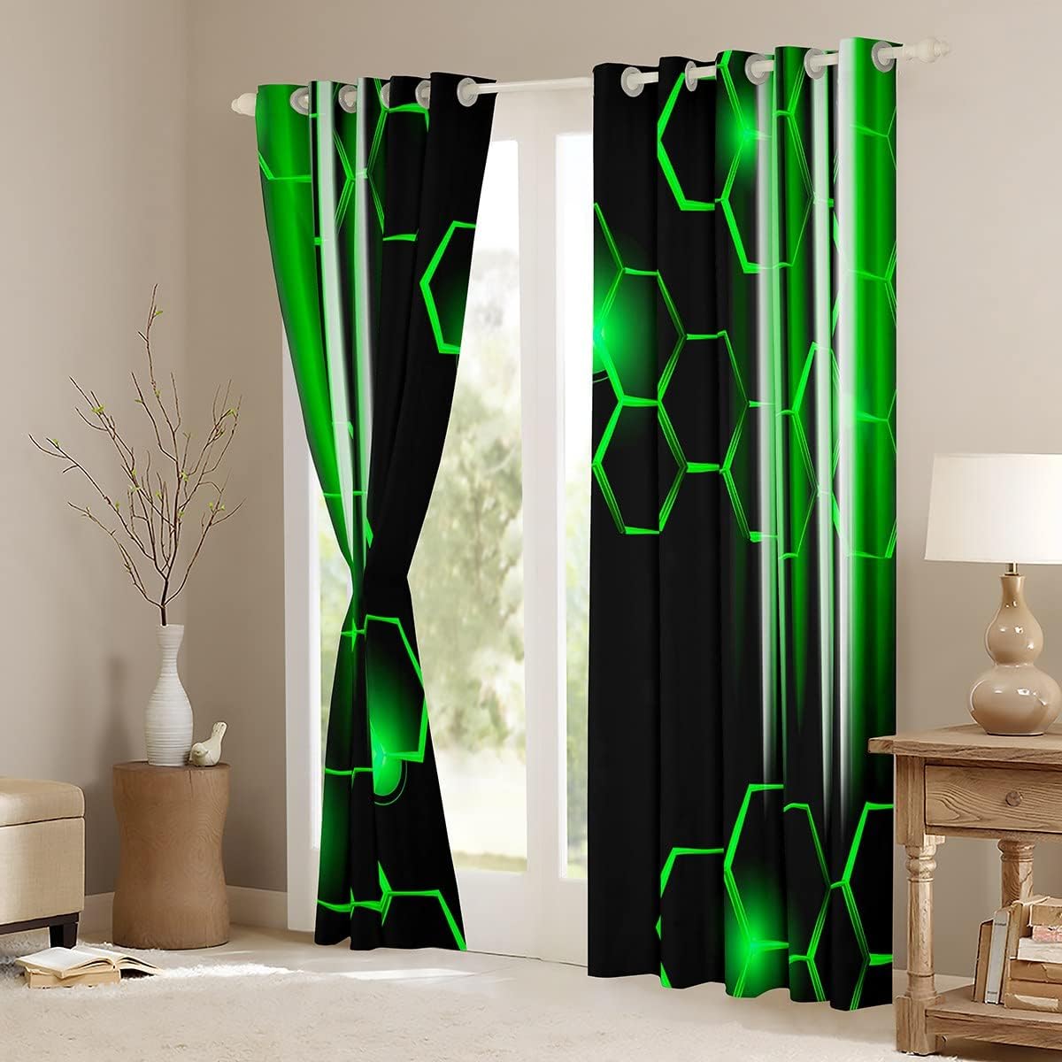 Honeycomb Curtains (2 Panels, 52 x 63 Inch) Modern Hexagon Theme Green Curtains Strip Lines Darkening Dreapes Modern Gradient Black Green Window Treatments 30%-50% Blackout