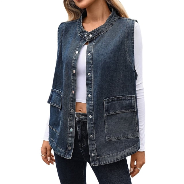 Chaleco Vaquero Extragrande para Mujer, Chaleco Vaquero de Longitud Media, Chaqueta Sin Mangas. Azul M