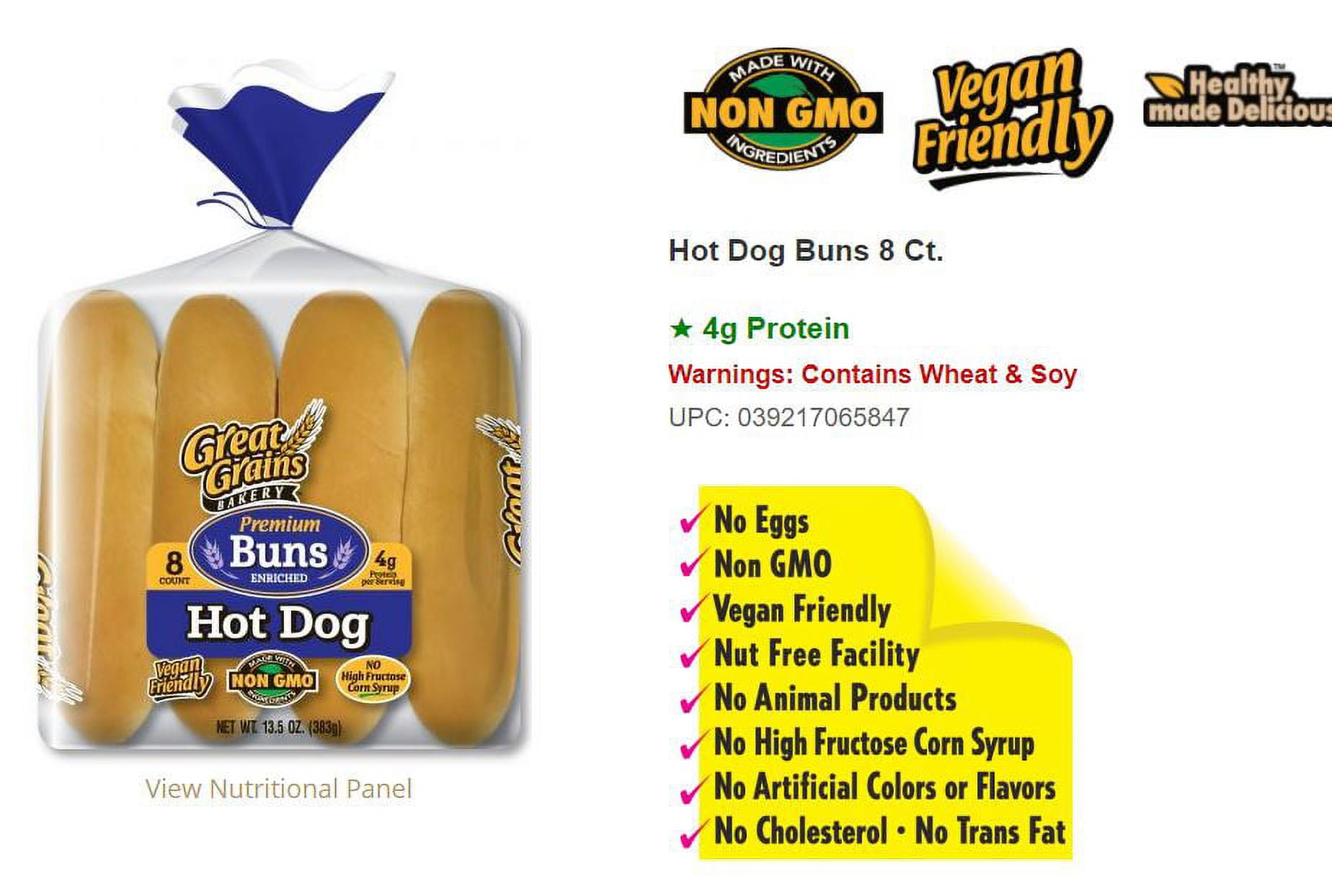 Great Grains Bakery Premium Hot Dog Buns 8 Ct, 13.5 Oz.