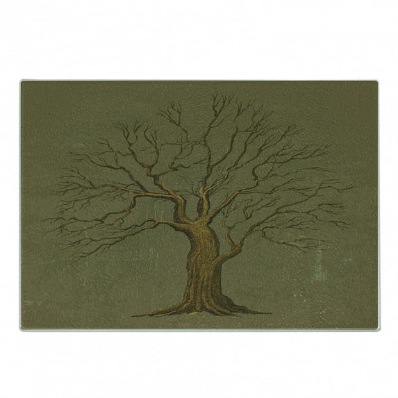 Tree Cutting Board, Illustration of a Big Tree on Antique Old Paper Vintage Style Art Design Print, Decorative Tempered Glass Cutting and Serving Board, Small Size, Olive Green, by Ambesonne
