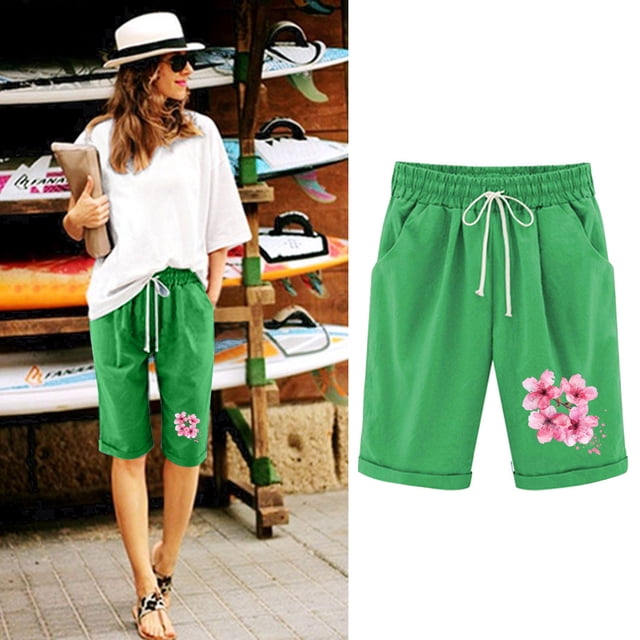LOVZFMLL Women's Elastic Waist Printing Drawstring Shorts Green L
