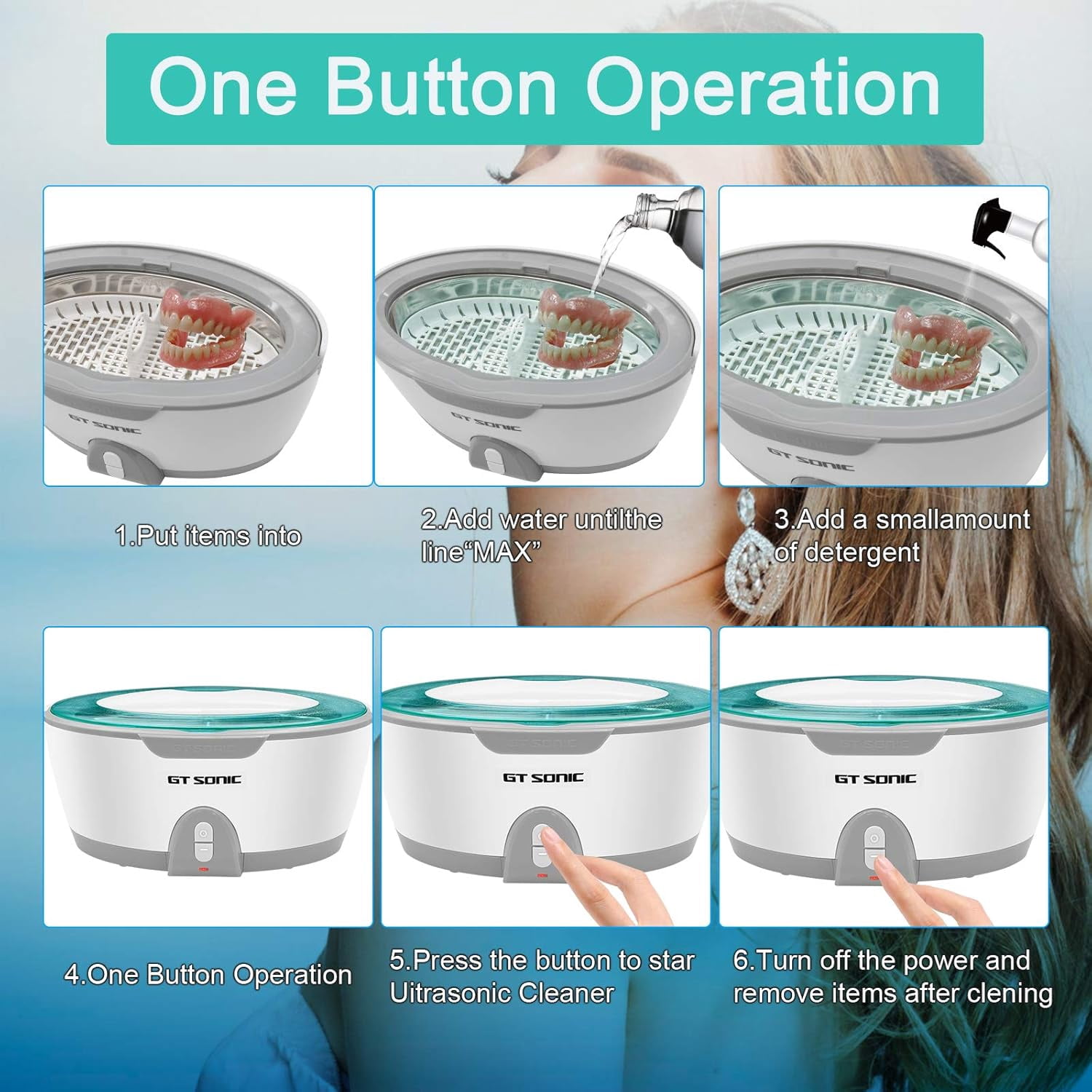 450ml Ultrasonic Cleaner for Dentures & Jewelry, 40kHz Dental Jewelry Cleaner with Tray & Handle, 5-Min Auto Shut-Off for Rings Glasses Watches