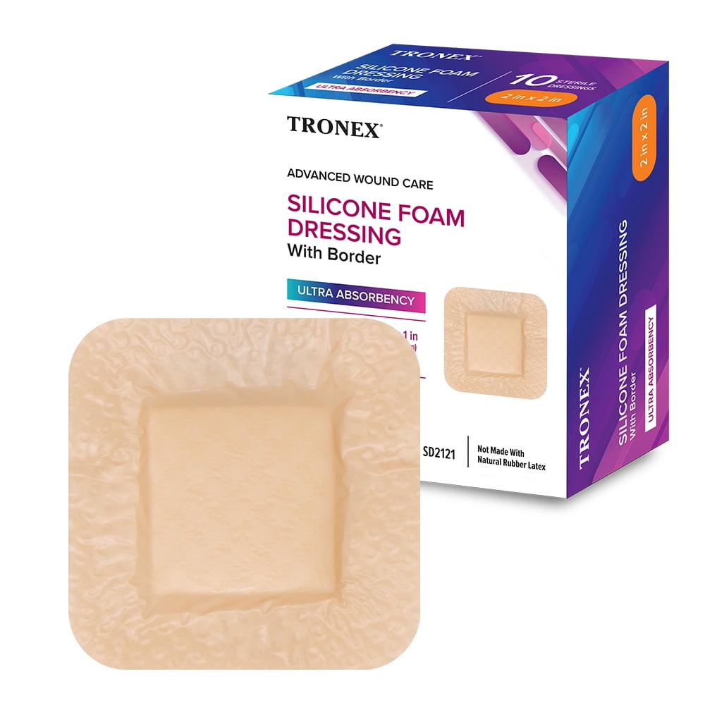 TRONEX SD2121 Silicone Foam Dressing 2”x2”, Adhesive Border, Waterproof, Sterile, Ultra Absorbency, Breathable, Advanced Wound Care, Gentle Removal, Latex Free, Beige, Pack of 100