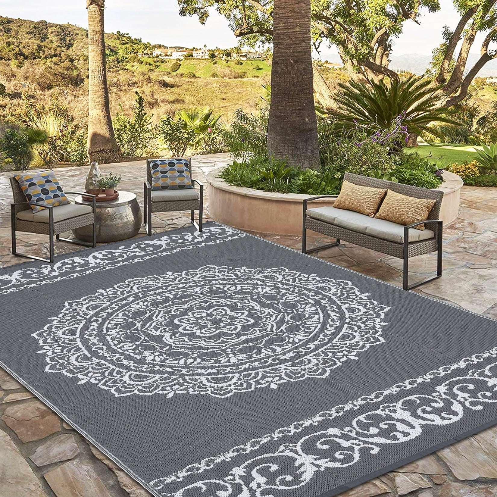 Gavee 5'x8' Boho Outdoor Rug, Waterproof Reversible Patio Area Rug Indoor Outdoor Carpet, Plastic Straw Rug RV Outdoor Mat for Camping Deck Balcony, Porch, Picnic, Gray and White