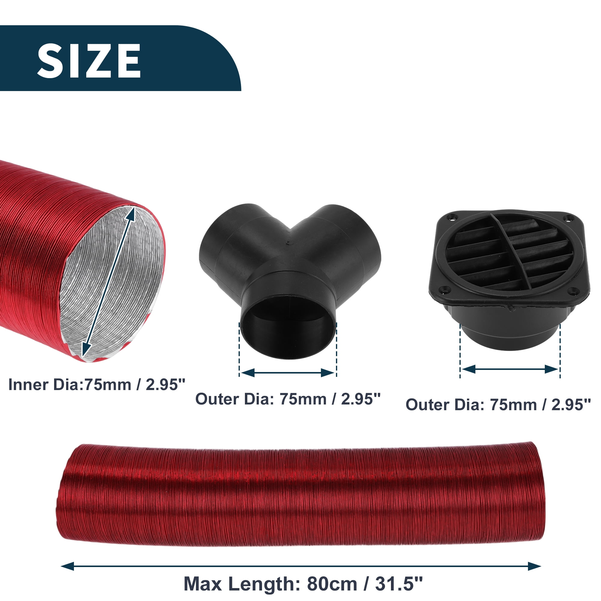 Unique Bargains 75mm Dia 80cm Car Heater Duct Kit Car Heater Duct Pipe Hose Set for Diesel Heater Red
