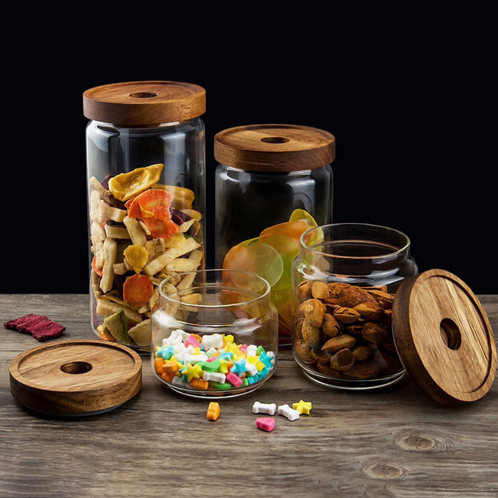 MOQIN Airtight Glass Food Storage Jars, Clear Glass Food Storage Container with Sealing Wooden Lid, Stackable Spice Jar, Round Kitchen Canister for Sugar, Tea, Coffee bean, Pasta, Oat