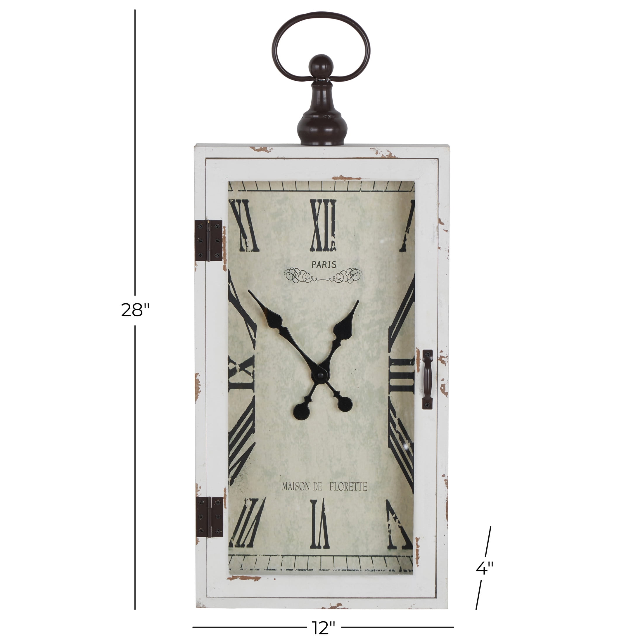 DecMode 12" x 28" White Wooden Vintage Pocket Watch Style Wall Clock with Hinged Door
