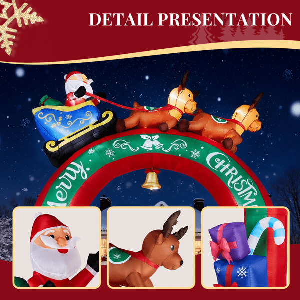 Giant Christmas Inflatable Archway, 9 Warm White LEDs, Santa Sleigh & Reindeer Design, Weatherproof Polyester, for Yard, Garden, Indoor