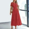thumbnail image 3 of ZEHJUHAN Women's Solid Color V-Neck Short Sleeve Maxi Dress with Elastic Waist A-Line Ruffle Hem Summer Casual Dress Red，L, 3 of 6