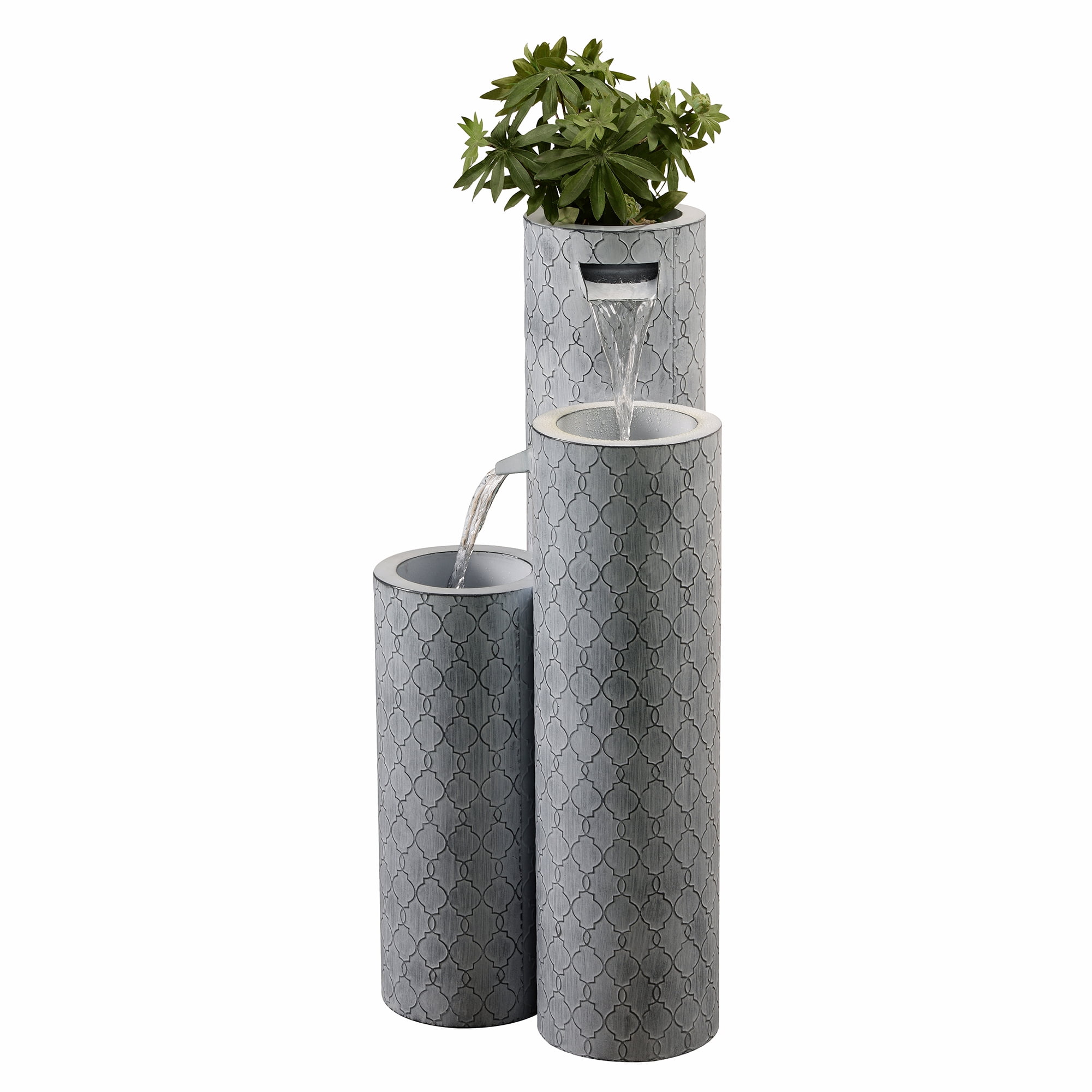 Round 3 Tier Metal Fountain with Planter and LED Lights - Outdoor