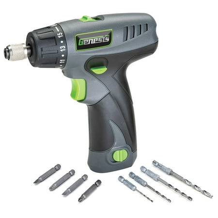 

Genesis GLSD08B 8V Lithium-Ion Battery-Powered Quick-Change 2-Speed Cordless Screwdriver with LED Work Light Battery Pack Charging Stand 4 Hex-Shank Drill Bits and 4 Screwdriver Bits