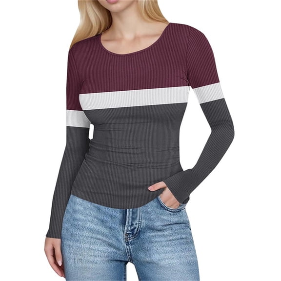 HAiming Womens Color Block Sweater Slim Fitted Long Sleeve Round Neck Pullover Tops Ribbed Solid Color Shirt
