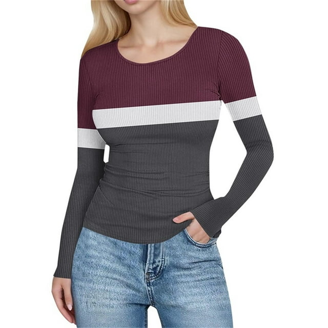 HongQid Womens Long Sleeve Stretch Crewneck Ribbed T-Shirt Slim Fit Casual Basic Tops